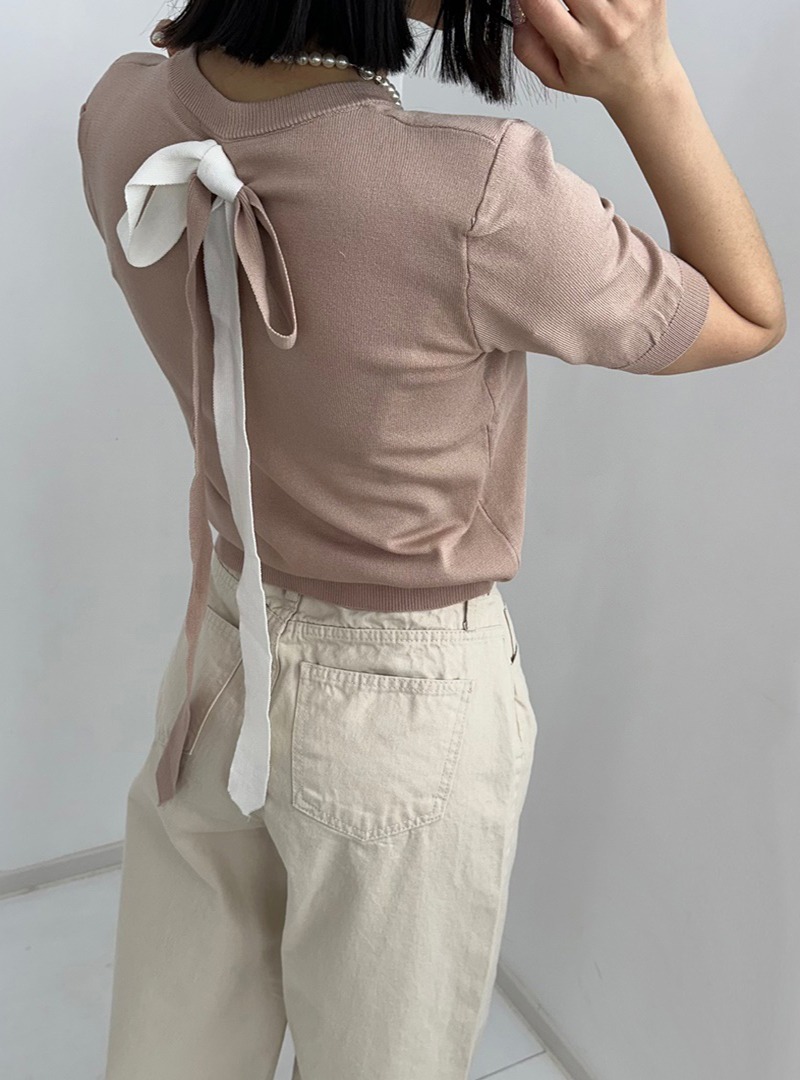 color back ribbon pad short-sleeved knitwear